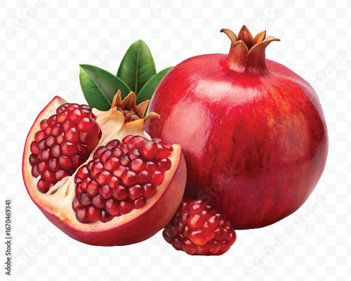 fresh pomegranate with slice and  leaves in different style isolated on transparent background