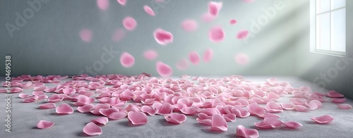 Beautiful pink rose petals scattered on the floor.