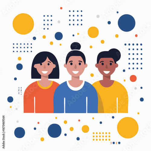 Diverse people smiling with abstract shapes group