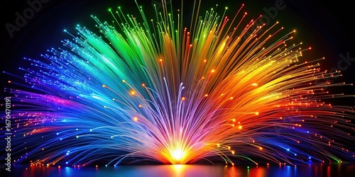 Vibrant rainbow fiber optic light explosion on dark background