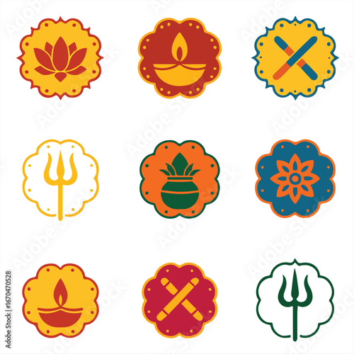 Navratri Festival Vector Icons – Decorative Lotus, Lamp, Dandiya Sticks, Kalash, Trishul, Floral Elements, Ethnic Symbols for Poster Design, Invitation Templates, Backgrounds and Graphic Art