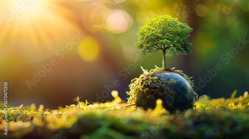 A symbolic image of a green tree growing on a globe to represent a carbon-neutral future.