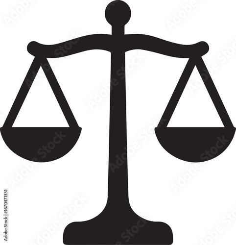 Balance scale icon silhouette, justice and law symbol isolated on white background, simple black scale illustration for legal, equality, fairness, or court design

