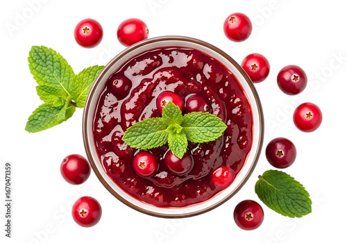 Delicious cranberry sauce with fresh mint leaves isolated on transparent background