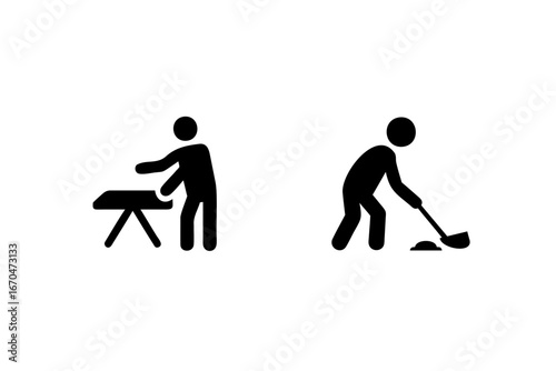 Silhouette icons person ironing person sweeping floor cleaning