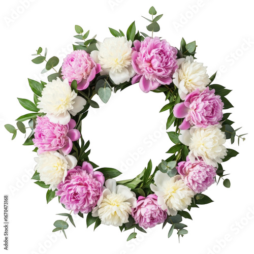 Pink and white peonies wreath isolated on transparent background