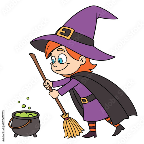 Cartoon witch with orange hair in a large purple hat, matching dress, black cape, and striped stockings, smiling while stirring a bubbling green potion in a black cauldron with a broomstick.