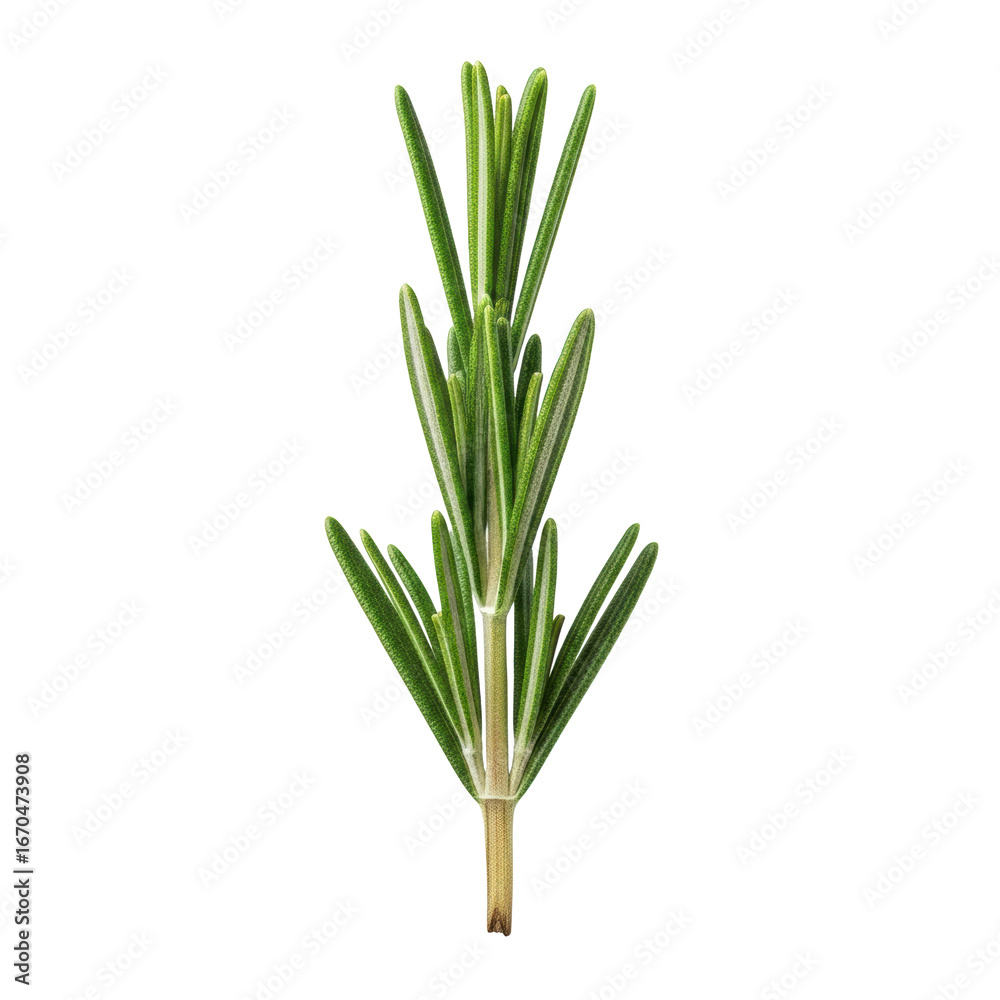 Obraz premium Single vibrant rosemary sprig, deep green needle-like leaves, woody stem, isolated on pure transparent background, no shadows, studio-lit, high detail, commercial product concept