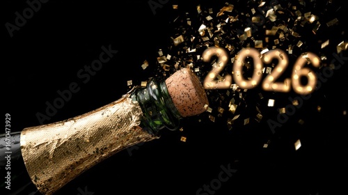 Celebratory Champagne Bottle with Gold Confetti and Illuminated Year 2026
