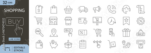Shopping icons set. Includes icons for cart, bag, discount, payment, delivery, order, shop, and checkout. Editable stroke. Line icons. Perfect for infographics, e-commerce, and retail business.