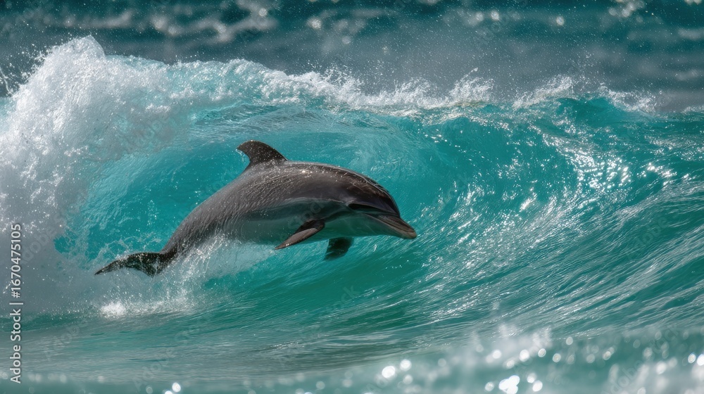Fototapeta premium Playful dolphin surfing turquoise wave in tropical ocean, dynamic motion captured with crystal clear water spray under bright sunlight, marine wildlife energy and freedom scene