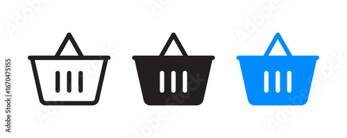 Shopping basket icons in outline, solid, and blue styles representing retail store, e-commerce cart, grocery shopping, purchase, consumer market, and online retail business concept