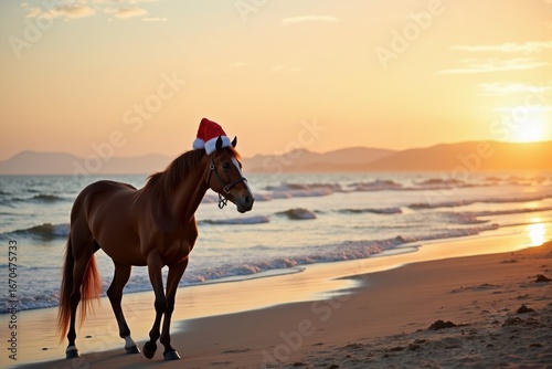 Wallpaper Mural A horse with a red Christmas hat stands on a quiet beach by the sea, gazing thoughtfully into the distance. The sky glows with warm golden sunset light Torontodigital.ca