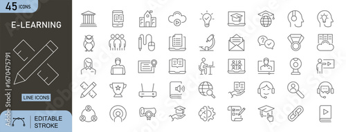 E-Learning icons set. Includes icons for online class, laptop, digital book, video lecture, tutorial, exam, and virtual training. Editable stroke. Line icons. Perfect for infographics, study and apps.