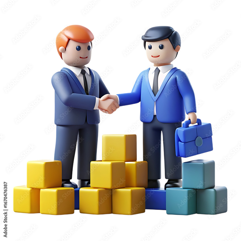 Obraz premium Cartoon Businessmen Shaking Hands Achieving Success Standing on Stacked Cubes Illustrating Corporate Growth and Strategic Partnerships Against a Dark Background