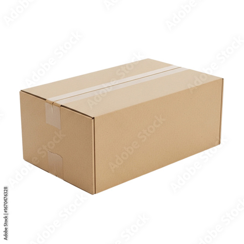 Corrugated cardboard shipping box closed and sealed ready for dispatch and delivery transparent background