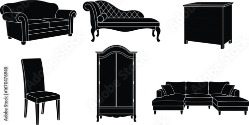 Furniture silhouette set, sofa, chair, cabinet, wardrobe, chaise lounge, interior decor, black vector icons, home design, CAD drawing flat vector illustration
