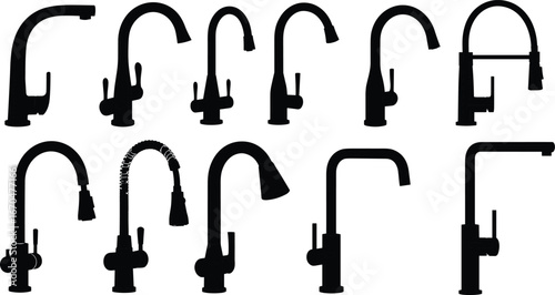 Kitchen faucet silhouette set, modern spouts, spray heads, plumbing icons, black vector style, CAD drawing flat vector illustration