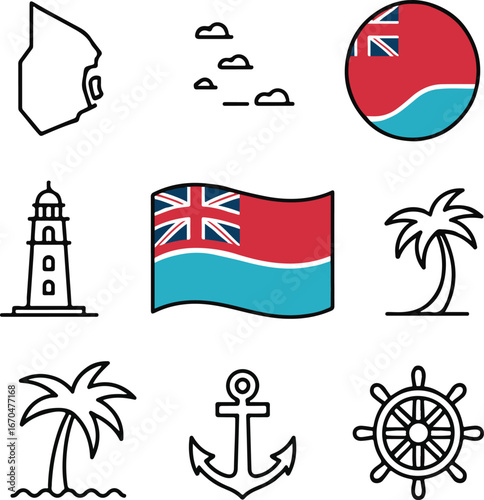 Bermuda National Flag Outline Icons Set with Map, Waving Flag, Lighthouse, Palm Tree, and Nautical Symbols