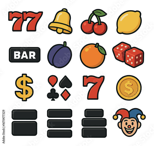 Colorful slot machine symbols with fruits, dice, and joker icons