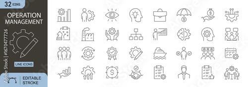 Operation Management icons set. Includes icons for process, task, workflow, efficiency, and control. Editable stroke. Line icons. Perfect for infographics, projects, and business systems.