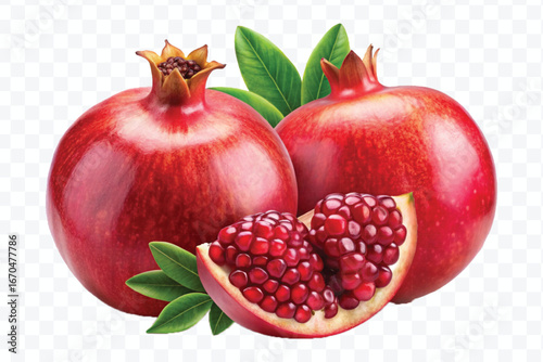 fresh pomegranate with slice and  leaves in different style isolated on transparent background