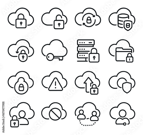 Cloud security icons set featuring lock, key, and alert symbols for data protection