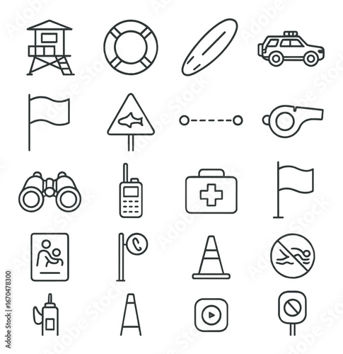 Beach safety icons set: lifeguard, rescue, swimming prohibition, communication, first aid