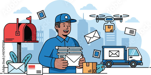 Modern delivery services combine postal workers drones and trucks for efficient shipping
