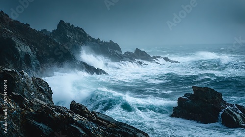 Coastal Fury: A powerful ocean surge crashes against rugged cliffs, its foamy embrace highlighting the dramatic clash of sea and stone under a moody sky.