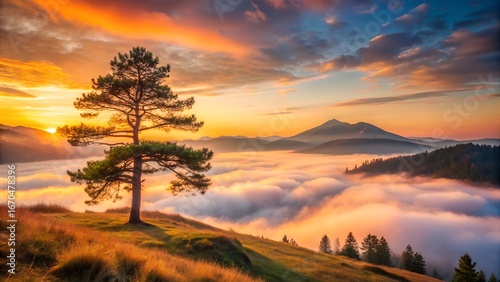 Majestic Sunrise over Mountain Valley with Lone Pine