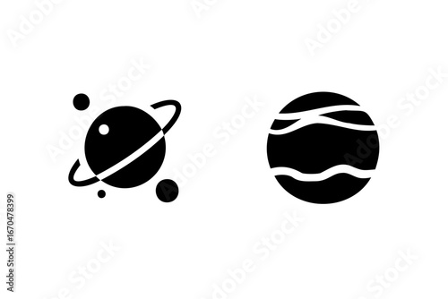 Two planet icons one with rings moons one with stripes space celestial