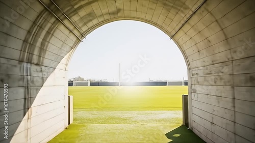 Arched concrete tunnel leads to a sunny green field, creating depth and contrast