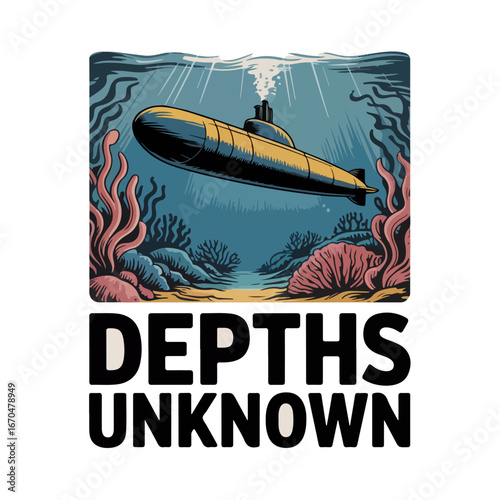 A yellow submarine navigates the deep ocean floor surrounded by coral and seaweed