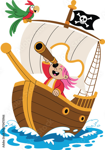 Cartoon pirate ship with telescope pirate, pink hair, red coat, green parrot, orange fruit, ocean waves, skull flag, vector illustration, animated, cheerful, stylized, playful, nautical,
