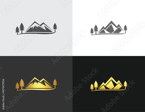 Mountain and tree silhouette logo design ideas vector template