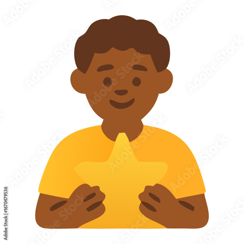 Smiling person holding a gold star emoji, perfect for positive feedback, recognition, success, happiness, achievement, social media posts.