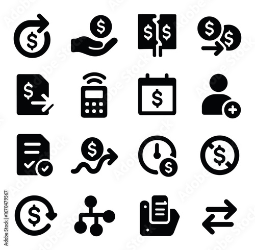 Financial icons set: transactions, currency, calculations, planning, and time management