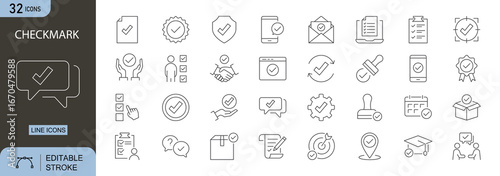 Checkmark icons set. Includes icons for tick, approve, done, correct, verified, and success. Editable stroke. Line icons. Perfect for infographics.