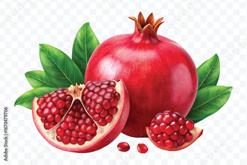 fresh pomegranate with slice and  leaves in different style isolated on transparent background