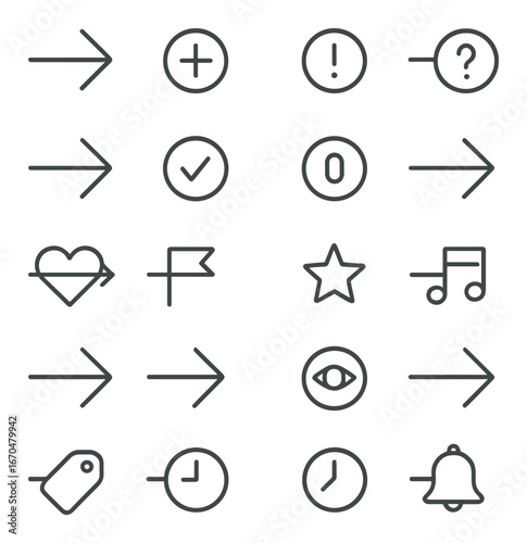 Minimalist icon set featuring arrows, symbols, and music note on grayscale background