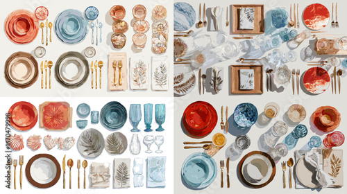 Description: Watercolor illustration of elegant table settings with plates, glasses, cutlery, and napkins in decorative styles, ideal for weddings, events, and festive dining.