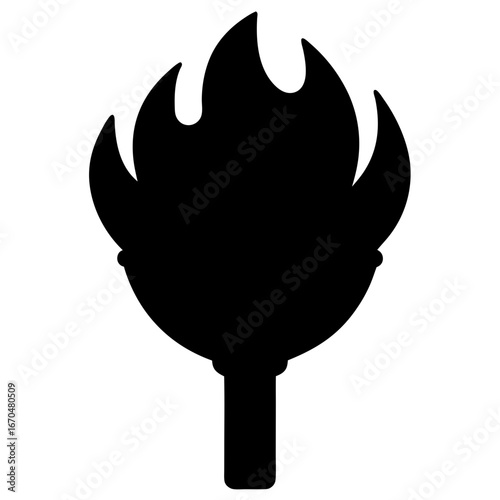 Black silhouette of a burning torch with stylized flames on white background