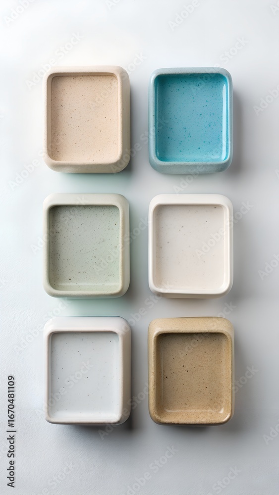 Fototapeta premium Six Small Square Ceramic Dishes in Pastel Colors