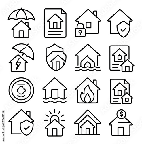 Collection of home insurance icons featuring protection and security elements