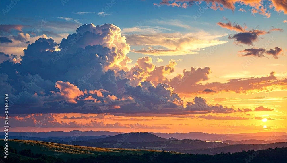 Fototapeta premium Majestic sunset over rolling hills with golden light on dramatic clouds.