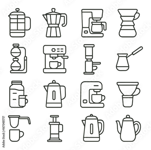 Minimalist coffee brewing icons: french press, espresso maker, pour over, drip coffee, turkish coffee