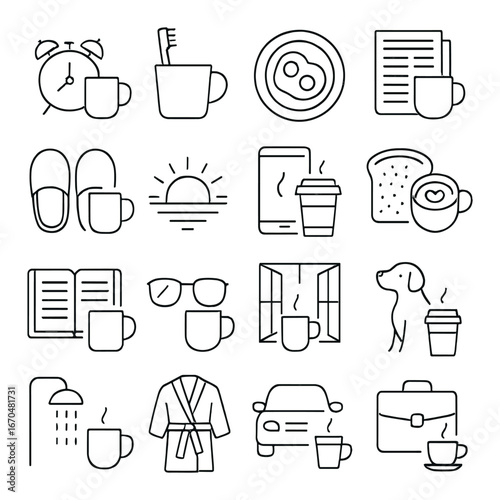 Morning routine icons set: coffee, alarm clock, slippers, newspaper, sunrise, and more