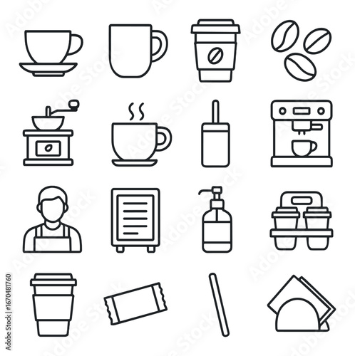 Coffee shop essentials outline icons: cups, grinder, barista, takeaway, machine