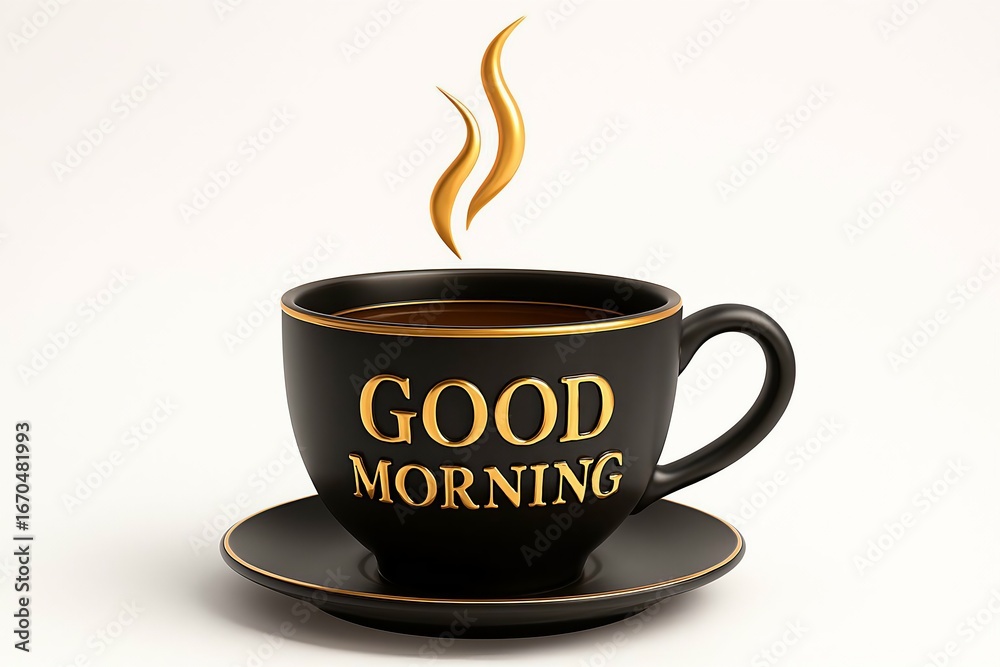Obraz premium Steaming black coffee cup with good morning text on a saucer against a white background